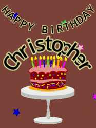 Happy Birthday Christopher GIF: Animated birthday gif of a chocolate cartoon cake and stars. Animated text can be customized with name.