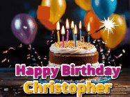 Happy Birthday Christopher GIF: A birthday cake with flickering candles gif with text reading Happy Birthday and a Name slot to customize