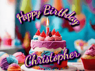 Happy Birthday Christopher GIF: A colorful animated birthday gif of a cake and falling stars with a flickering candle. Text reads Happy Birthday and Customize.