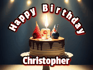 Happy Birthday Christopher GIF: Animated happy birthday gif with a cake and flickering candles with colorful falling confetti and text reading Happy Birthday
