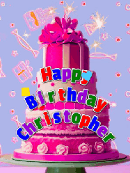 Happy Birthday Christopher GIF: A big beautiful birthday cake gif with falling confetti, sparklers, and balloons, reads Happy Birthday Name. Customize it.