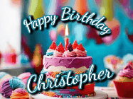 Happy Birthday Christopher GIF: Animated Happy Birthday Gif reading Happy Birthday Customize. Depicts a colorful birthday with flickering candles and glitter.