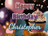 Happy Birthday Christopher GIF: Cute Kitten Birthday Cupcake GIF with a cupcake raised by a cats head, then it pulls down text reading Happy Birthday Name