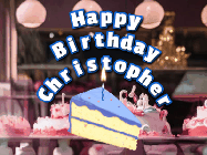 Happy Birthday Christopher GIF: A cake shop background with a slice of cake and animated candle reading Happy Birthday Customize.