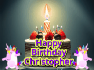 Happy Birthday Christopher GIF: An animated gif with 2 unicorns and a birthday candle on a cake.