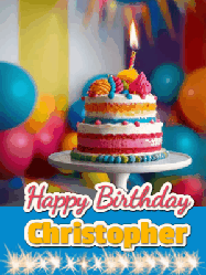 Happy Birthday Christopher GIF: A birthday card gif with a cake and candle and a blue ribbon with animated sparklers. Reads Happy Birthday Name