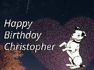 Happy Birthday Christopher GIF: Happy Birthday GIF at night with a cute drawn dog, floating balloons, and a shooting star in front of a heart shaped star formation.
