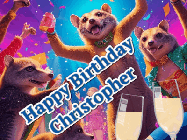 Happy Birthday Christopher GIF: Happy Birthday GIF depicting a mongoose party with animated fireworks, sparkles and champagne. Reads Happy Birthday Name. Customize it.