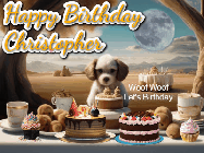 Happy Birthday Christopher GIF: Animated birthday gif with a dog at a fancy birthday table loaded with cakes as hearts appear. It reads Happy Birthday Customize.