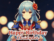 Happy Birthday Christopher GIF: Anime girl holding a birthday cake and an animated sword falls into it. Text reads Happy Birthday Customize