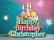 Happy Birthday Christopher GIF: A colorful animated Happy Birthday Cake GIF with swirling sparkles and flickering candles. It reads Happy Birthday Name