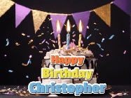 Happy Birthday Christopher GIF: Happy birthday cake animated gif with flickering candles, animated text, and falling confetti. Customize text reading Happy Birthday Customize.