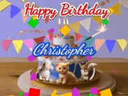 Happy Birthday Christopher GIF: Happy Birthday Cake GIF with a cat, lamb, and squirrel on the cake with flickering candles, a sparkler, and falling confetti. Reads Happy Birthday Name and you can customize the name