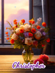 Happy Birthday Christopher GIF: A vase of flowers and animated hearts pop in and out as the words Happy Birthday Name appears that you can customize