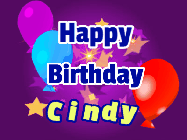 Happy Birthday Cindy GIF: A lovely purple birthday gif animated with moving text, a balloon, and bubbles. Customize it.