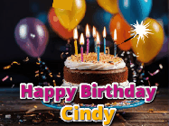Happy Birthday Cindy GIF: A birthday cake with flickering candles gif with text reading Happy Birthday and a Name slot to customize