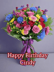 Happy Birthday Cindy GIF: A beautiful animated birthday gif with a bouquet of flowers and animated hearts reading Happy Birthday Customize