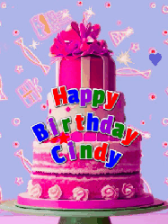 Happy Birthday Cindy GIF: A big beautiful birthday cake gif with falling confetti, sparklers, and balloons, reads Happy Birthday Name. Customize it.
