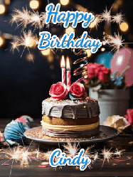 Happy Birthday Cindy GIF: Sparkles and glitter happy birthday gif with a cake and flickering candles and sparklers behind the words happy birthday customize