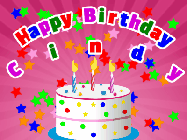 Happy Birthday Cindy GIF: Pink animated happy birthday card with a cake, falling hearts, and a name and banner you can personalize.