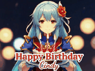 Happy Birthday Cindy GIF: Anime girl holding a birthday cake and an animated sword falls into it. Text reads Happy Birthday Customize