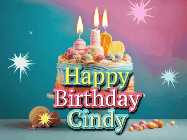 Happy Birthday Cindy GIF: A colorful animated Happy Birthday Cake GIF with swirling sparkles and flickering candles. It reads Happy Birthday Name