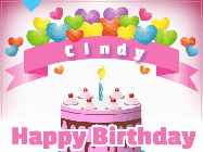 Happy Birthday Cindy GIF: Happy birthday animated gif with animated doodles, pink text, and with a name you can customize.