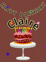 Happy Birthday Claire GIF: Animated birthday gif of a chocolate cartoon cake and stars. Animated text can be customized with name.