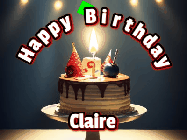 Happy Birthday Claire GIF: Animated happy birthday gif with a cake and flickering candles with colorful falling confetti and text reading Happy Birthday