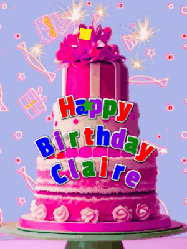 Happy Birthday Claire GIF: A big beautiful birthday cake gif with falling confetti, sparklers, and balloons, reads Happy Birthday Name. Customize it.
