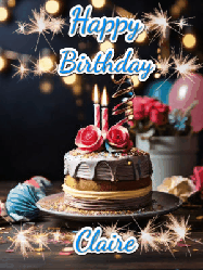 Happy Birthday Claire GIF: Sparkles and glitter happy birthday gif with a cake and flickering candles and sparklers behind the words happy birthday customize