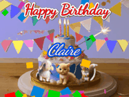 Happy Birthday Claire GIF: Happy Birthday Cake GIF with a cat, lamb, and squirrel on the cake with flickering candles, a sparkler, and falling confetti. Reads Happy Birthday Name and you can customize the name