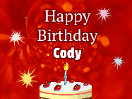 Happy Birthday Cody GIF: A bright red happy birthday gif animated with a cake candle, and glitter and sparkles. Customize with name.
