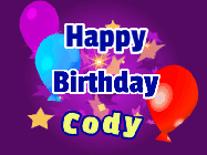Happy Birthday Cody GIF: A lovely purple birthday gif animated with moving text, a balloon, and bubbles. Customize it.