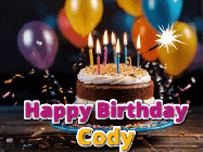 Happy Birthday Cody GIF: A birthday cake with flickering candles gif with text reading Happy Birthday and a Name slot to customize