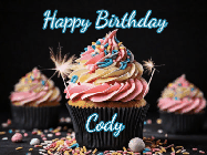 Happy Birthday Cody GIF: A delicious cupcake gif with animated sparkles reading Happy Birthday with a name to customize