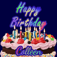 Happy Birthday Colleen GIF: A dark blue birthday gif with a beautiful cake with flickering candles, background sparkles and a name to customize.