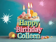 Happy Birthday Colleen GIF: A colorful animated Happy Birthday Cake GIF with swirling sparkles and flickering candles. It reads Happy Birthday Name