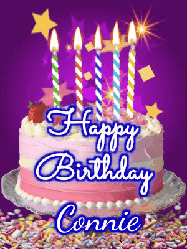 Happy Birthday Connie GIF: Happy birthday animated gif of a brightly lit birthday cake, birthday candles, and falling confetti. Customize name.