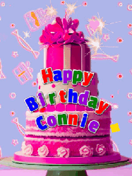 Happy Birthday Connie GIF: A big beautiful birthday cake gif with falling confetti, sparklers, and balloons, reads Happy Birthday Name. Customize it.