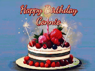 Happy Birthday Connie GIF: Animated GIF of a birthday cake covered in berries with 2 sparklers and a candle, reads Happy Birthday Name. Customize it.