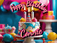 Happy Birthday Connie GIF: Animated birthday gif with a beautiful colorful birthday can and sparkles in the air. It reads Happy Birthday Customize.