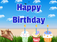 Happy Birthday Corey GIF: A beach crab displays the birthday name that you can customize on a beach with cupcakes. Animated, cute, weird.