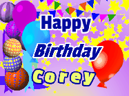 Happy Birthday Corey GIF: Animated birthday gif, purples birthday party background, swaying balloons, and animated text you can customize.