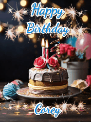 Happy Birthday Corey GIF: Sparkles and glitter happy birthday gif with a cake and flickering candles and sparklers behind the words happy birthday customize