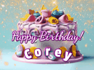 Happy Birthday Corey GIF: A beautiful birthday cake gif with animated sparkles and glitter Happy Birthday Name you can customize