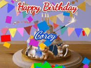 Happy Birthday Corey GIF: Happy Birthday Cake GIF with a cat, lamb, and squirrel on the cake with flickering candles, a sparkler, and falling confetti. Reads Happy Birthday Name and you can customize the name