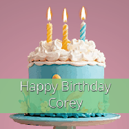 Happy Birthday Corey GIF: Sparkles fly over a birthday cake that has 3 flickering candles, text in a colored band read Happy Birthday Name.