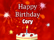 Happy Birthday Cory GIF: A bright red happy birthday gif animated with a cake candle, and glitter and sparkles. Customize with name.
