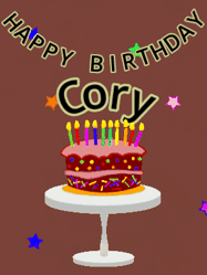 Happy Birthday Cory GIF: Animated birthday gif of a chocolate cartoon cake and stars. Animated text can be customized with name.